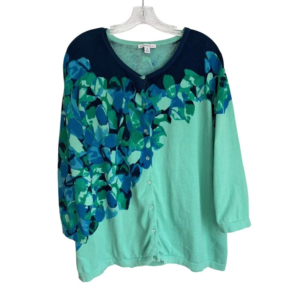 Isaac Mizrahi Live Womens 3X Cardigan Mint Green Blue Floral Cotton Sweater - Picture 1 of 10
